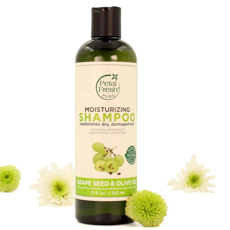 Bottle of Petal Fresh Moisturizing Shampoo with grape seed and olive oil on a white background